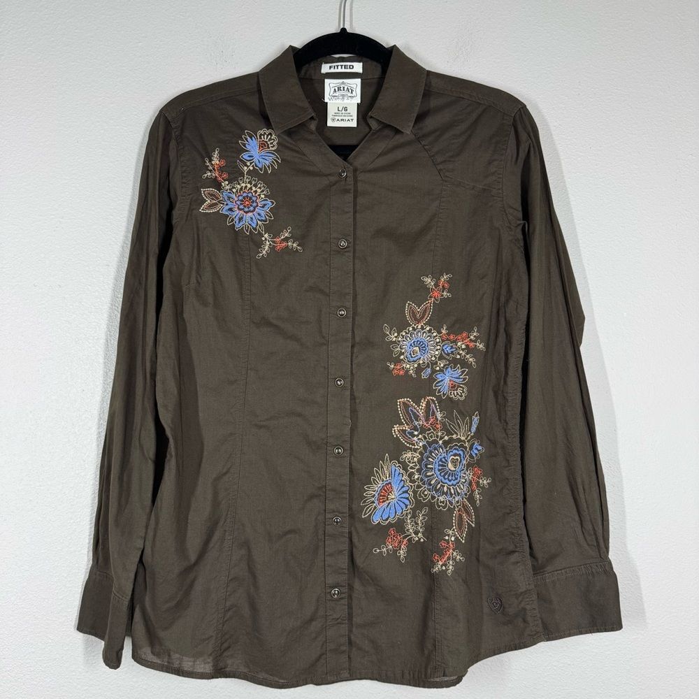 Ariat Shirt Blouse Top Fitted Pearl Snap Cowgirl Embroidered Floral Brown Large